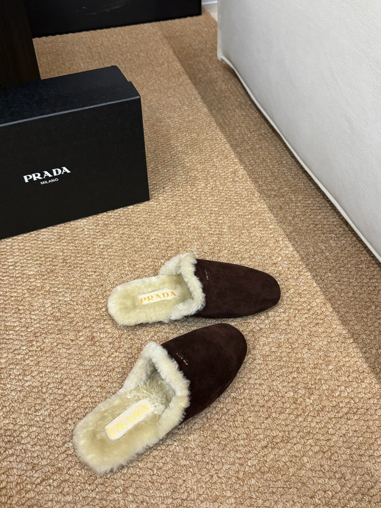 PRADA 26S SHEARLING MULE SLIPPERS IN CHOCOLATE BROWN SUEDE