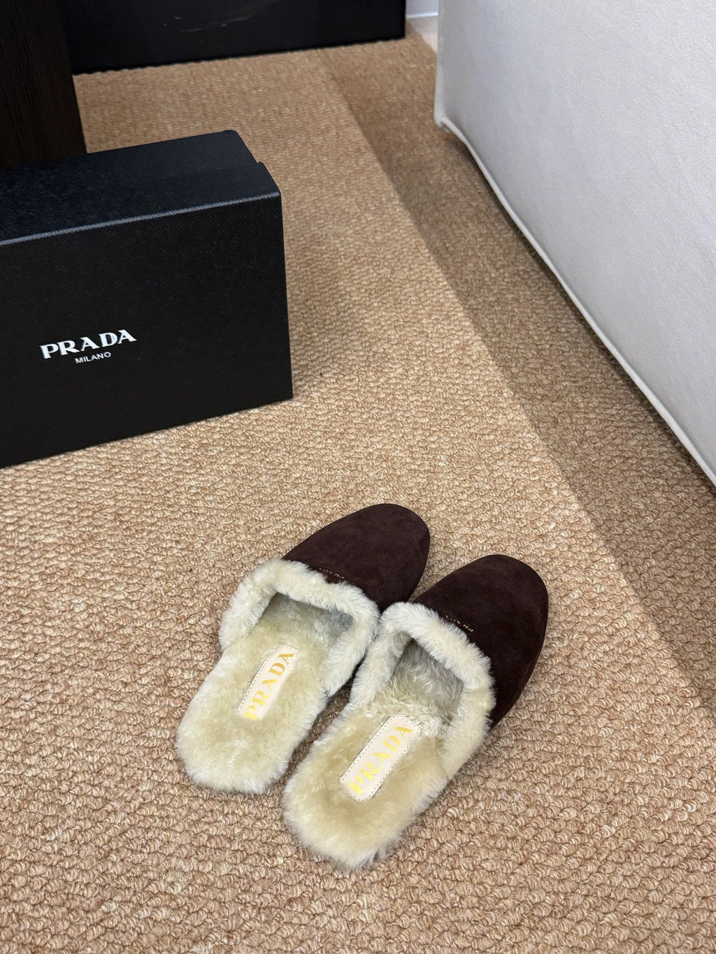 PRADA 26S SHEARLING MULE SLIPPERS IN CHOCOLATE BROWN SUEDE