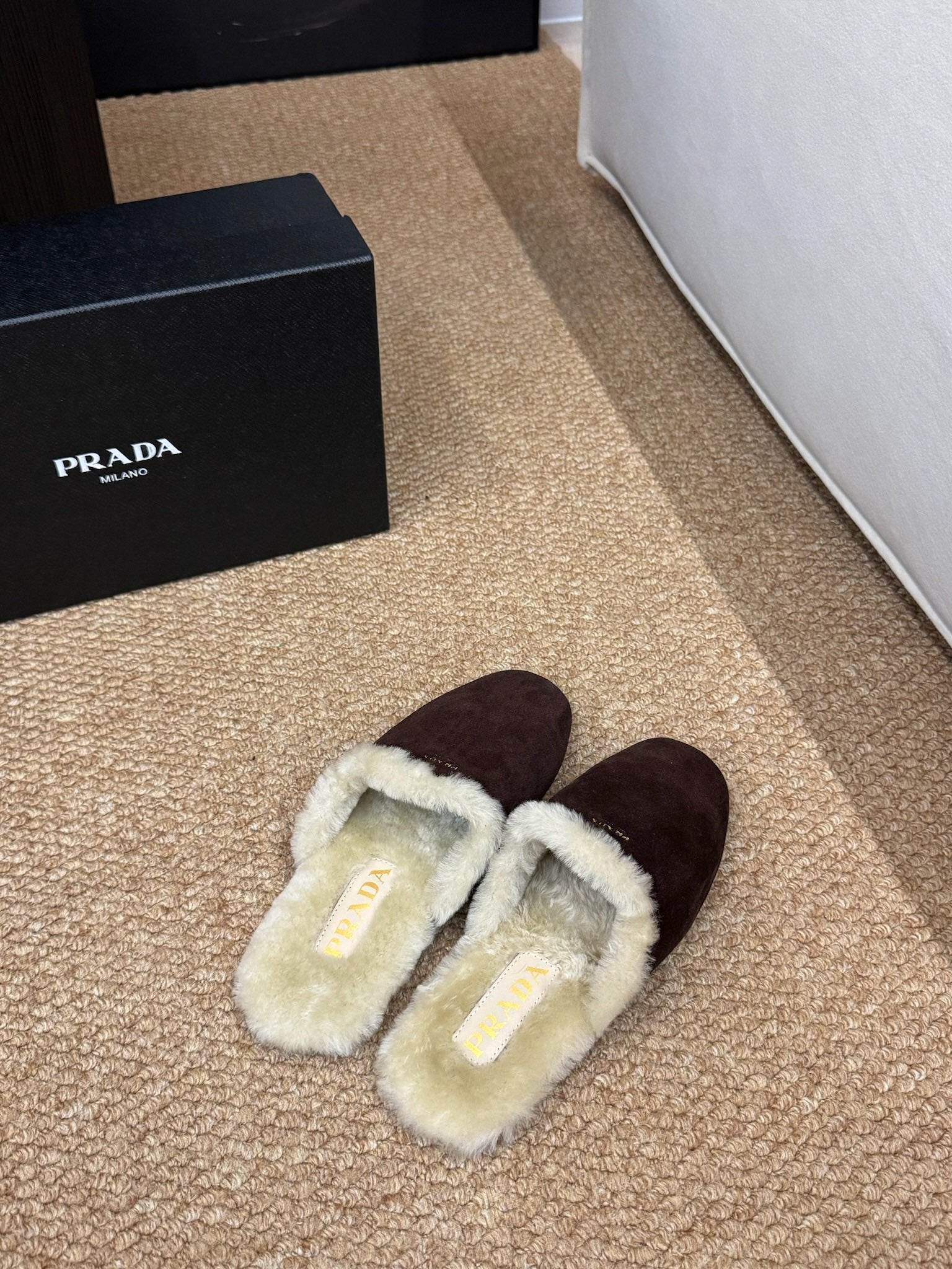 PRADA 26S SHEARLING MULE SLIPPERS IN CHOCOLATE BROWN SUEDE