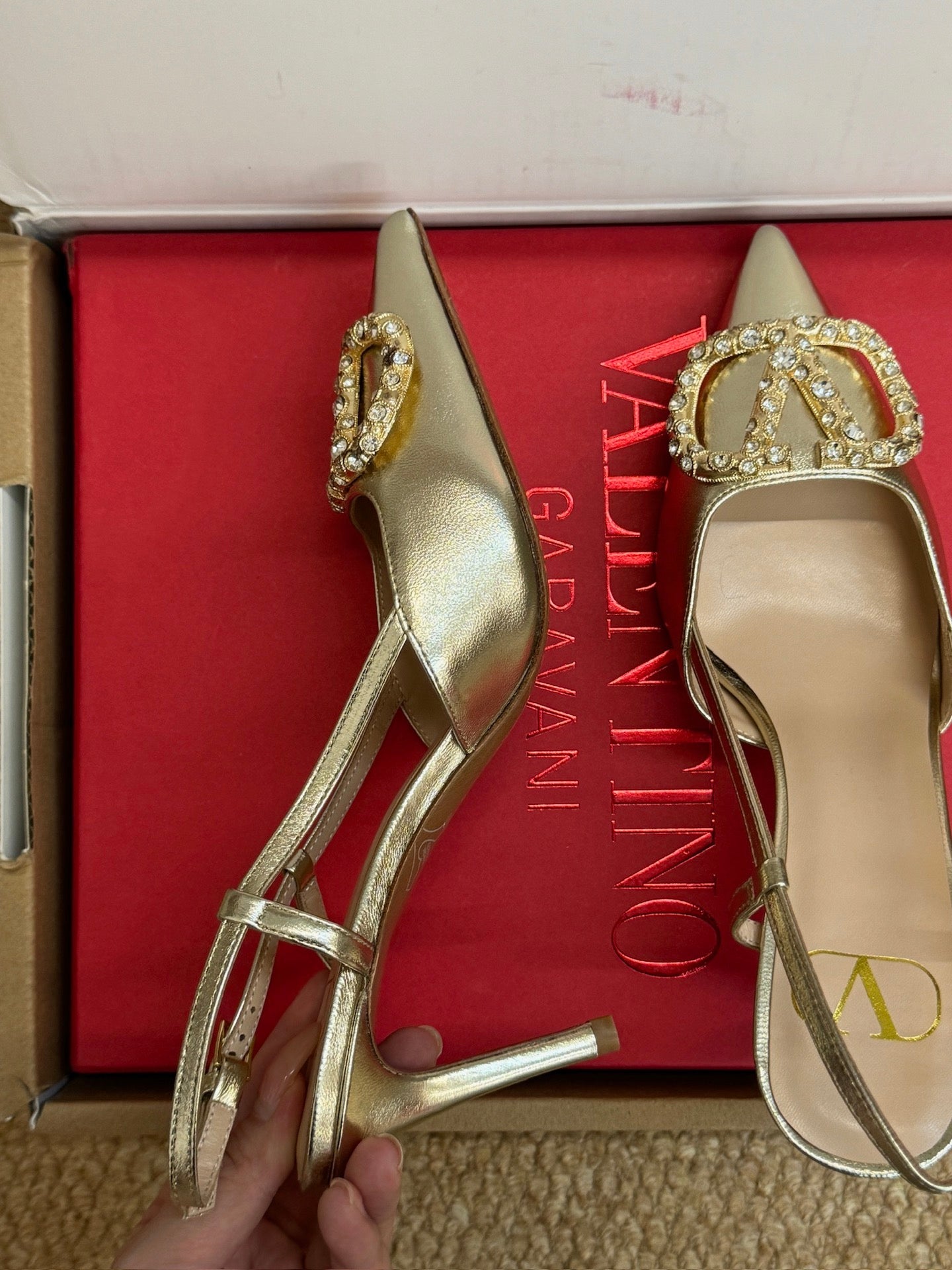 VALENTINO 26S HIGH HEEL SLINGBACKS IN METALLIC GOLD CALFSKIN WITH CRYSTAL