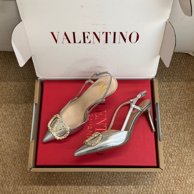 VALENTINO 26S HIGH HEEL SLINGBACKS IN METALLIC SILVER CALFSKIN WITH CRYSTAL
