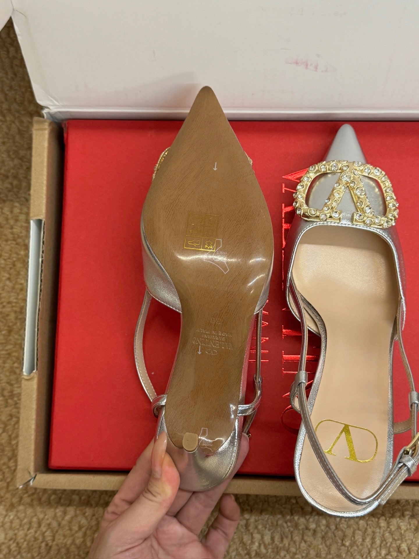 VALENTINO 26S HIGH HEEL SLINGBACKS IN METALLIC SILVER CALFSKIN WITH CRYSTAL