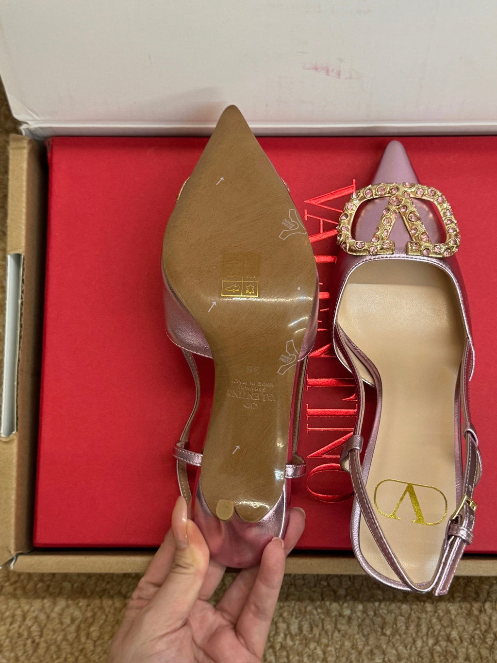 VALENTINO 26S HIGH HEEL SLINGBACKS IN METALLIC PINK CALFSKIN WITH CRYSTAL
