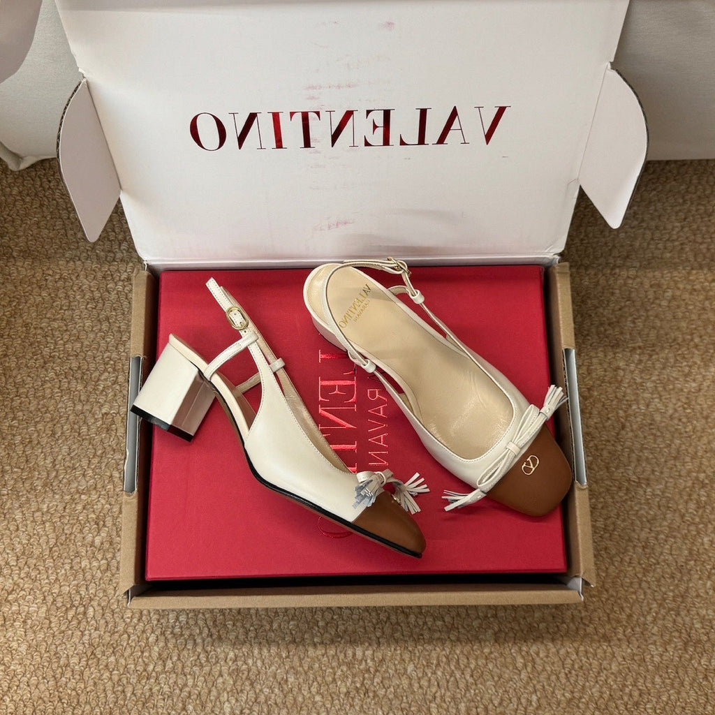 VALENTINO 26S HIGH HEEL SLINGBACKS IN BROWN AND CREAM WHITE CALFSKIN