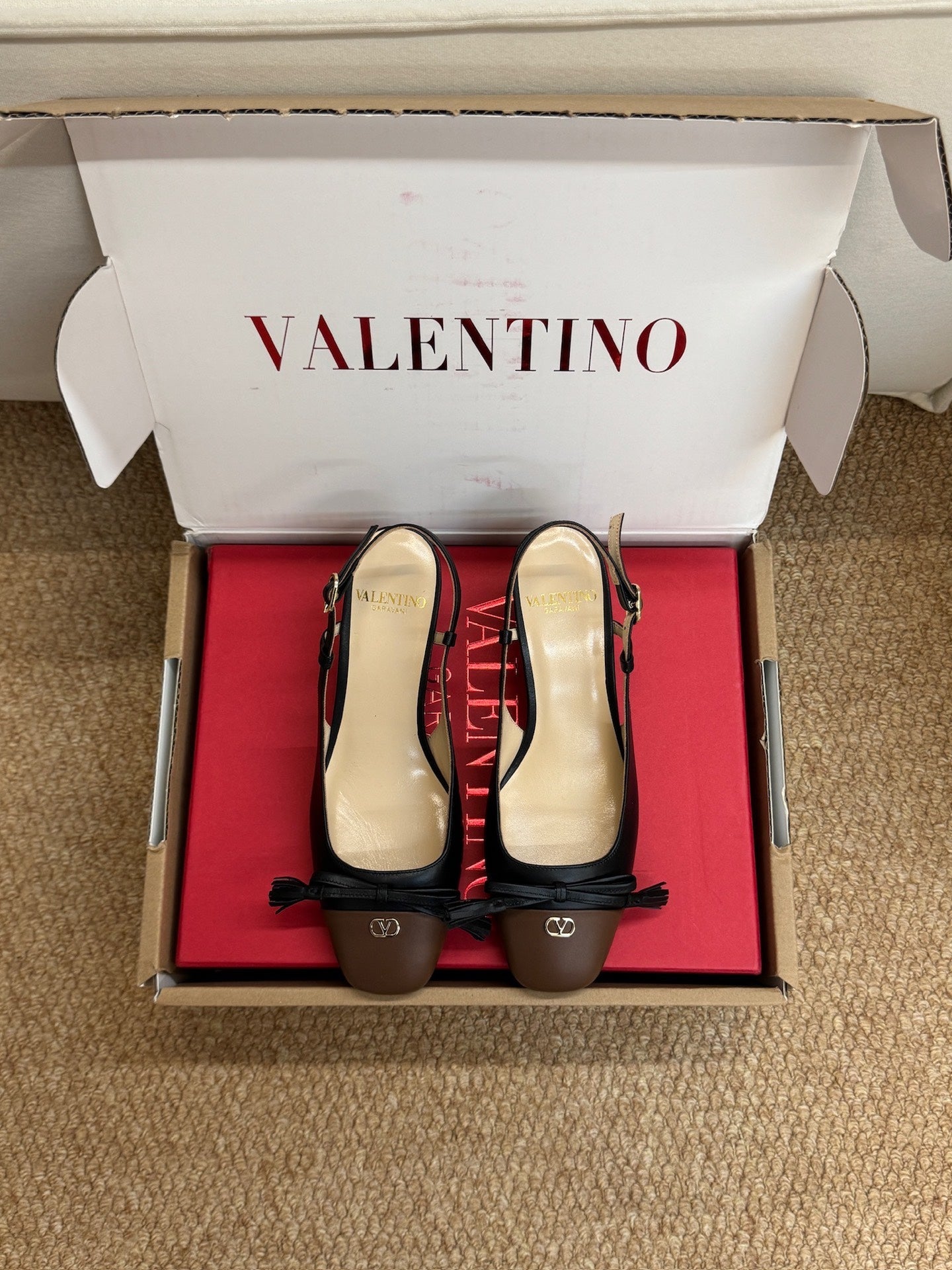 VALENTINO 26S HIGH HEEL SLINGBACKS IN BROWN AND BLACK CALFSKIN