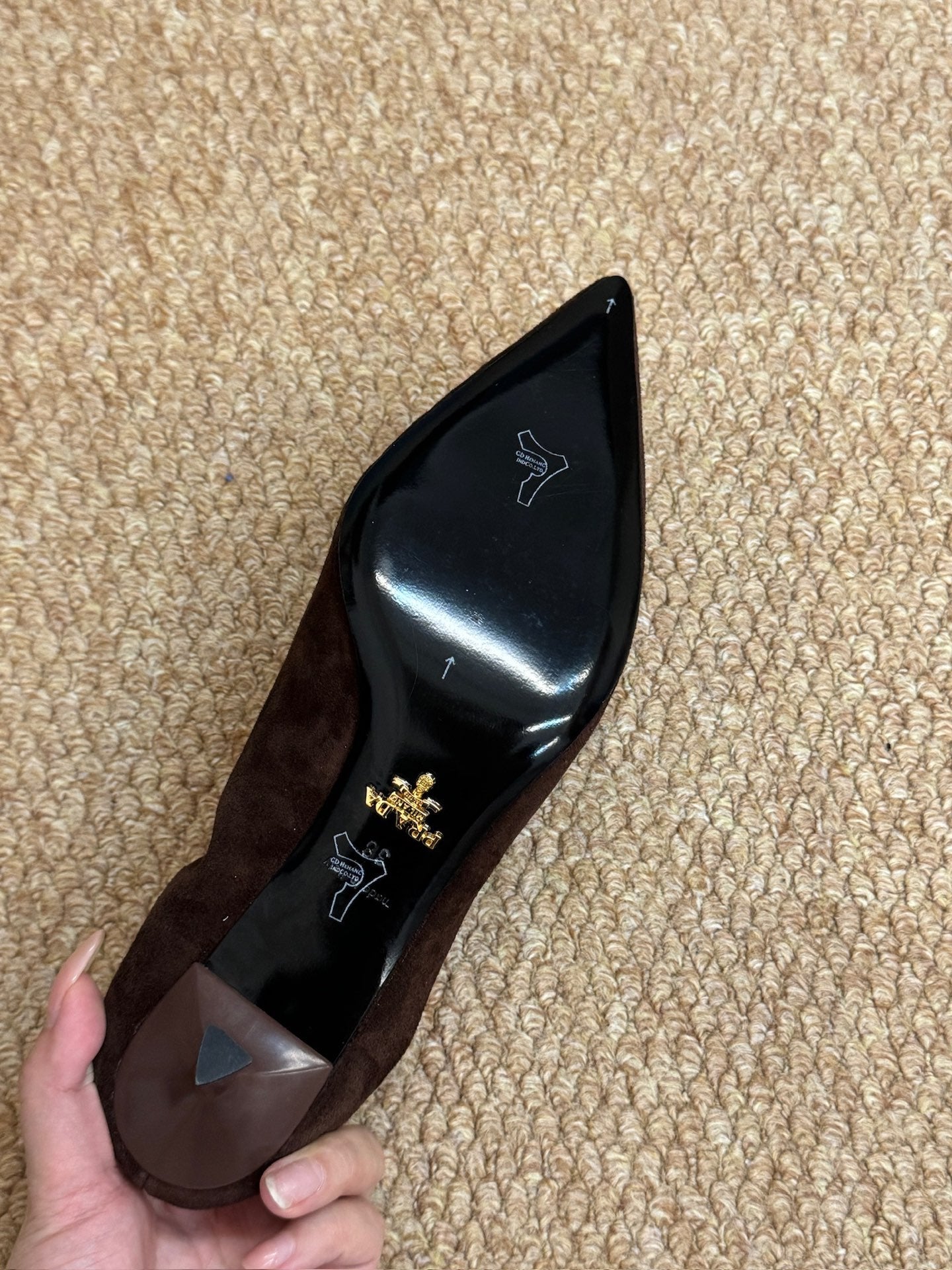 PRADA 26S POINTED TOE PUMPS 50MM IN DARK BROWN SUEDE