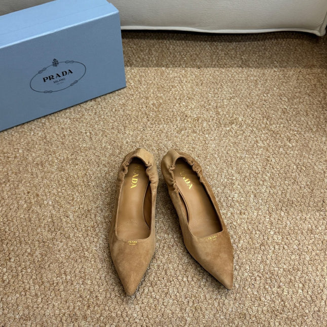 PRADA 26S POINTED TOE PUMPS 50MM IN BROWN SUEDE