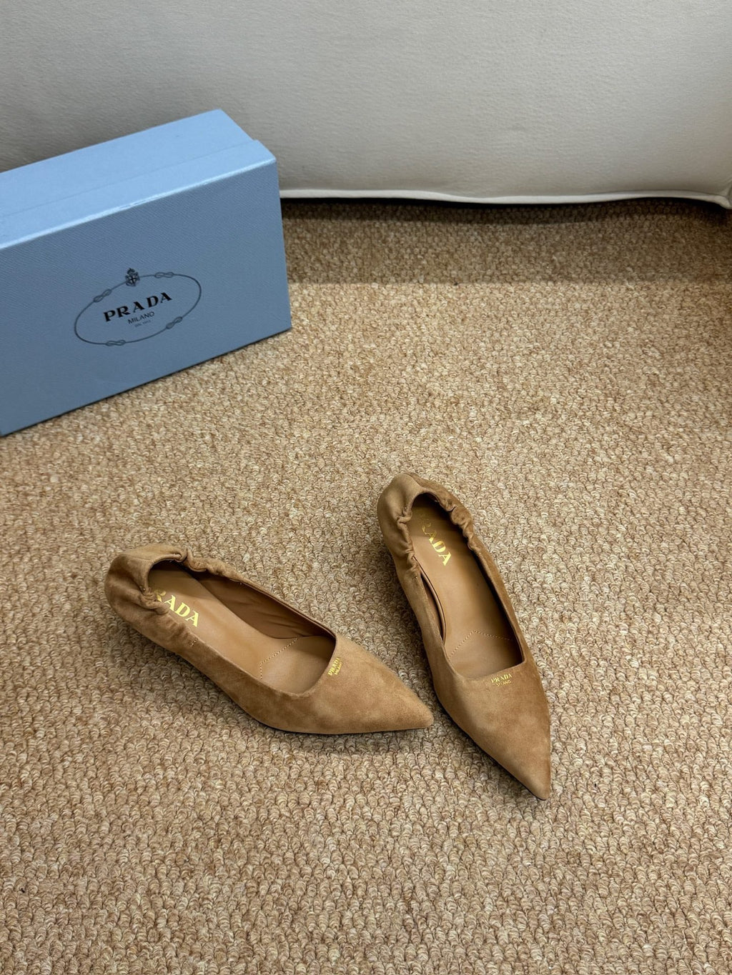 PRADA 26S POINTED TOE PUMPS 50MM IN BROWN SUEDE