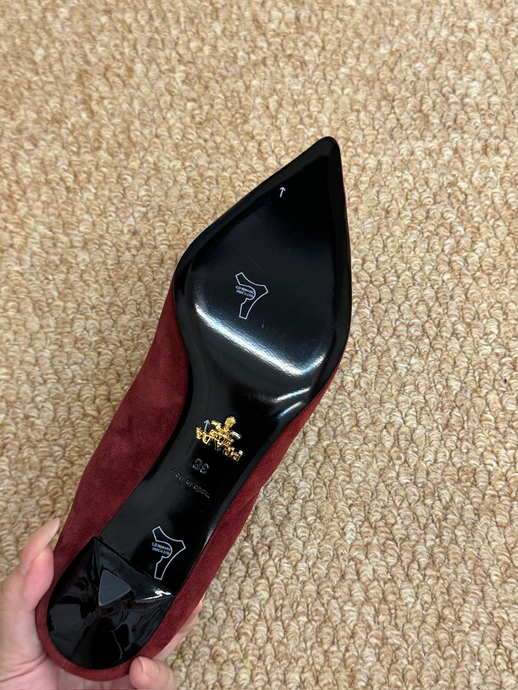 PRADA 26S POINTED TOE PUMPS 50MM IN DARK RED SUEDE
