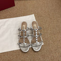 VALENTINO 26S ROCKSTUD HIGH HEEL SANDALS IN SILVER CALFSKIN
