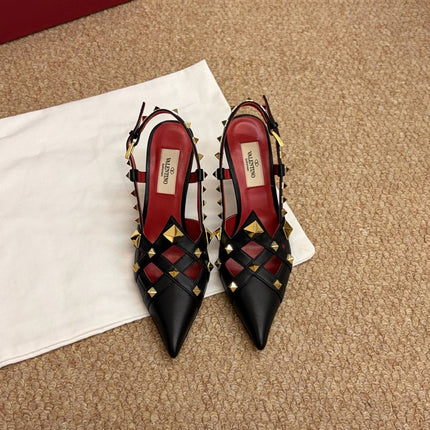 VALENTINO 26S ROCKSTUD SLINGBACK HEELS IN BLACK CALFSKIN
