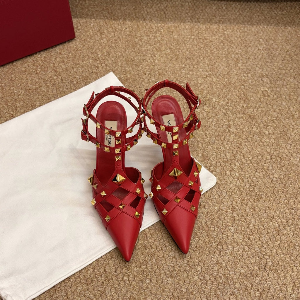 VALENTINO 26S OCKSTUD HEELS IN RED CALFSKIN