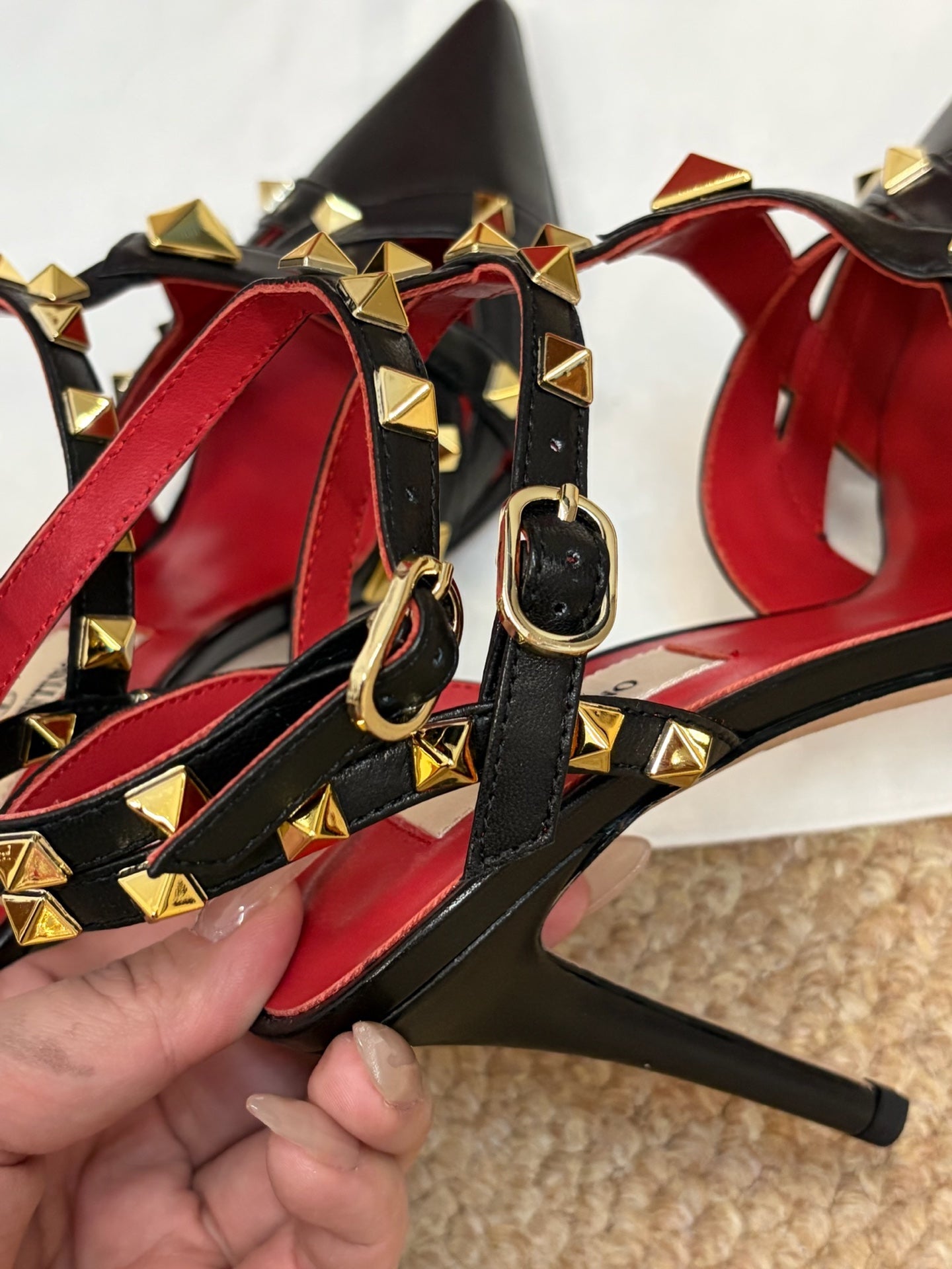 VALENTINO 26S OCKSTUD HEELS IN BLACK CALFSKIN