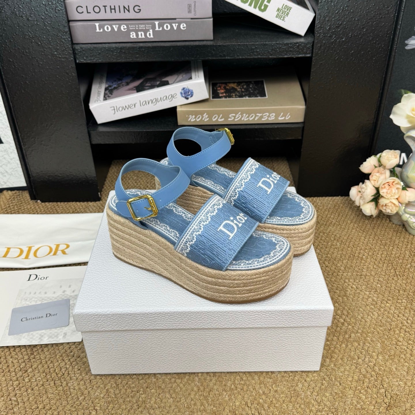 DIOR 26S ESPADRILLE WEDGE SANDAL IN BLUE DIOR OBLIQUE EMBROIDERED CANVAS