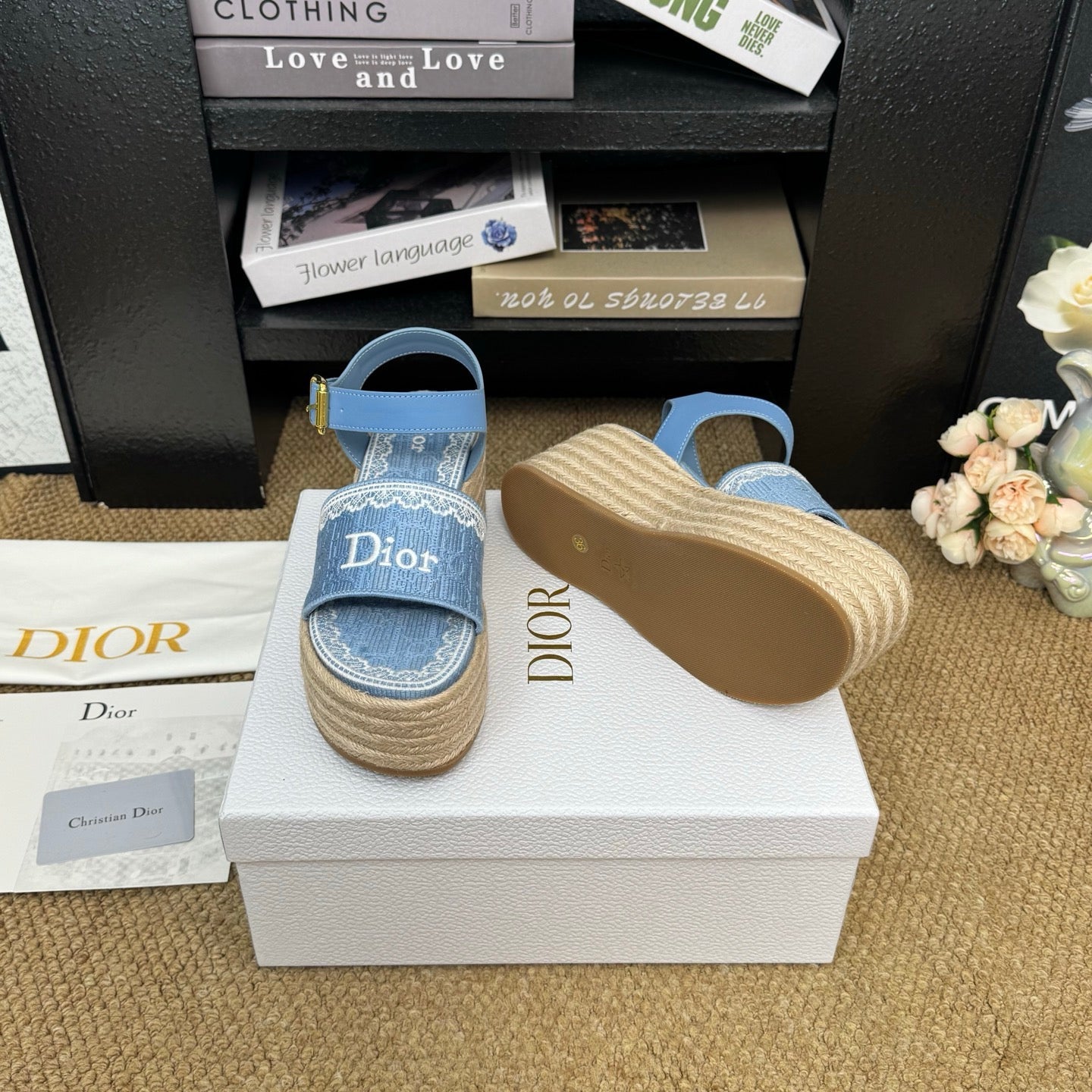 DIOR 26S ESPADRILLE WEDGE SANDAL IN BLUE DIOR OBLIQUE EMBROIDERED CANVAS
