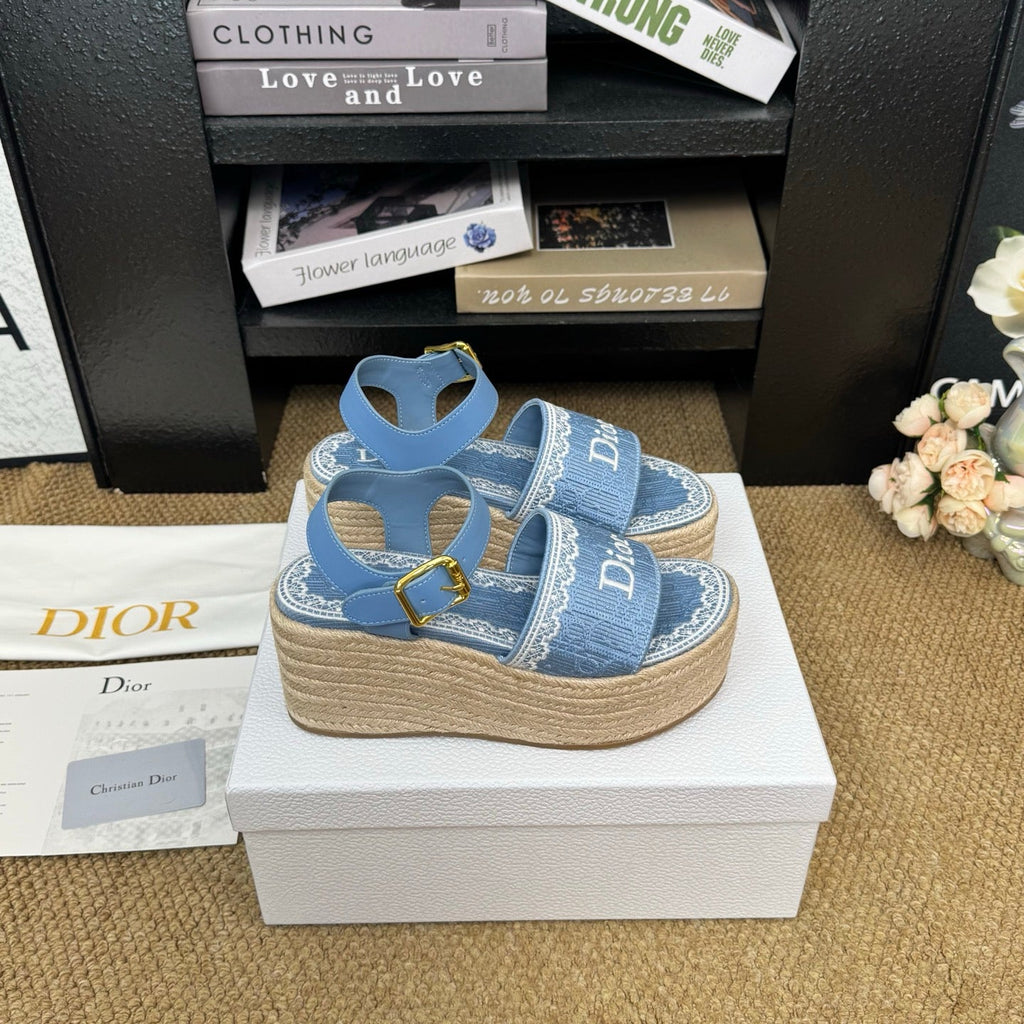 DIOR 26S ESPADRILLE WEDGE SANDAL IN BLUE DIOR OBLIQUE EMBROIDERED CANVAS