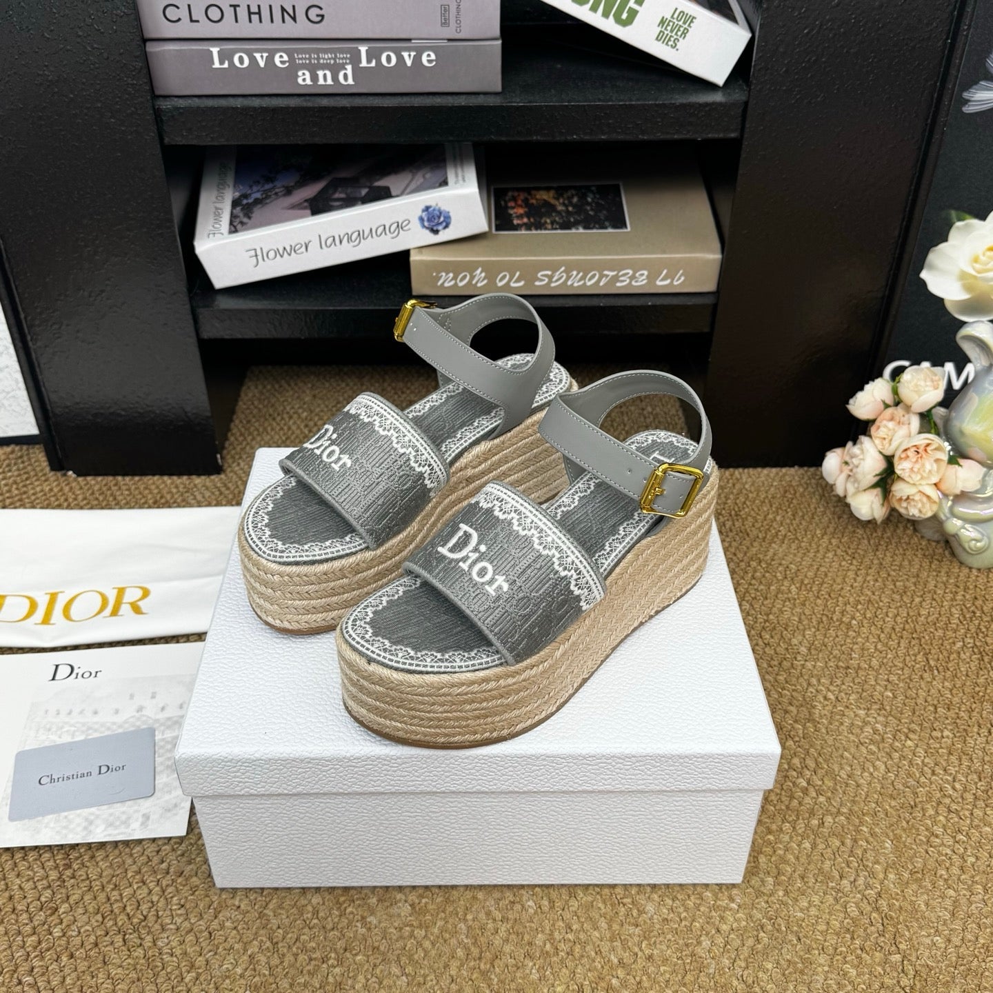 DIOR 26S ESPADRILLE WEDGE SANDAL IN GREY DIOR OBLIQUE EMBROIDERED CANVAS