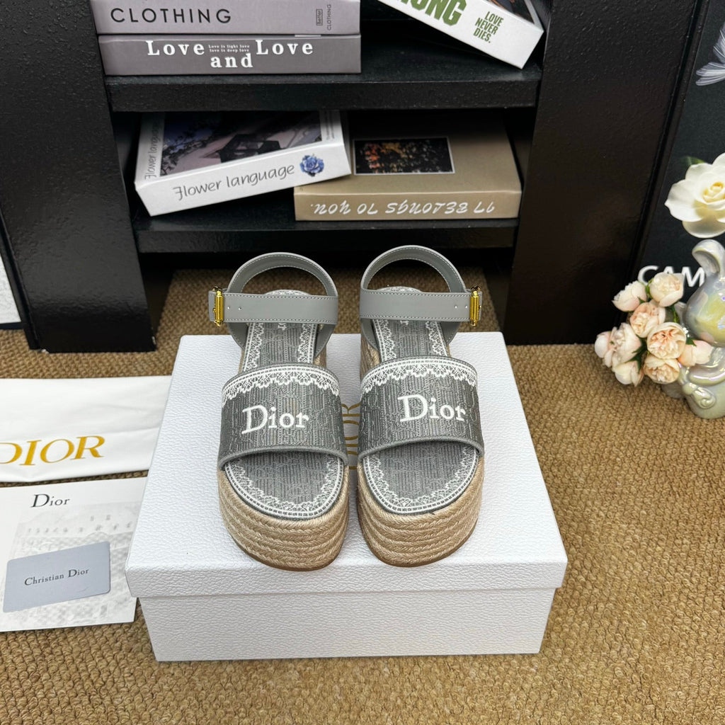 DIOR 26S ESPADRILLE WEDGE SANDAL IN GREY DIOR OBLIQUE EMBROIDERED CANVAS