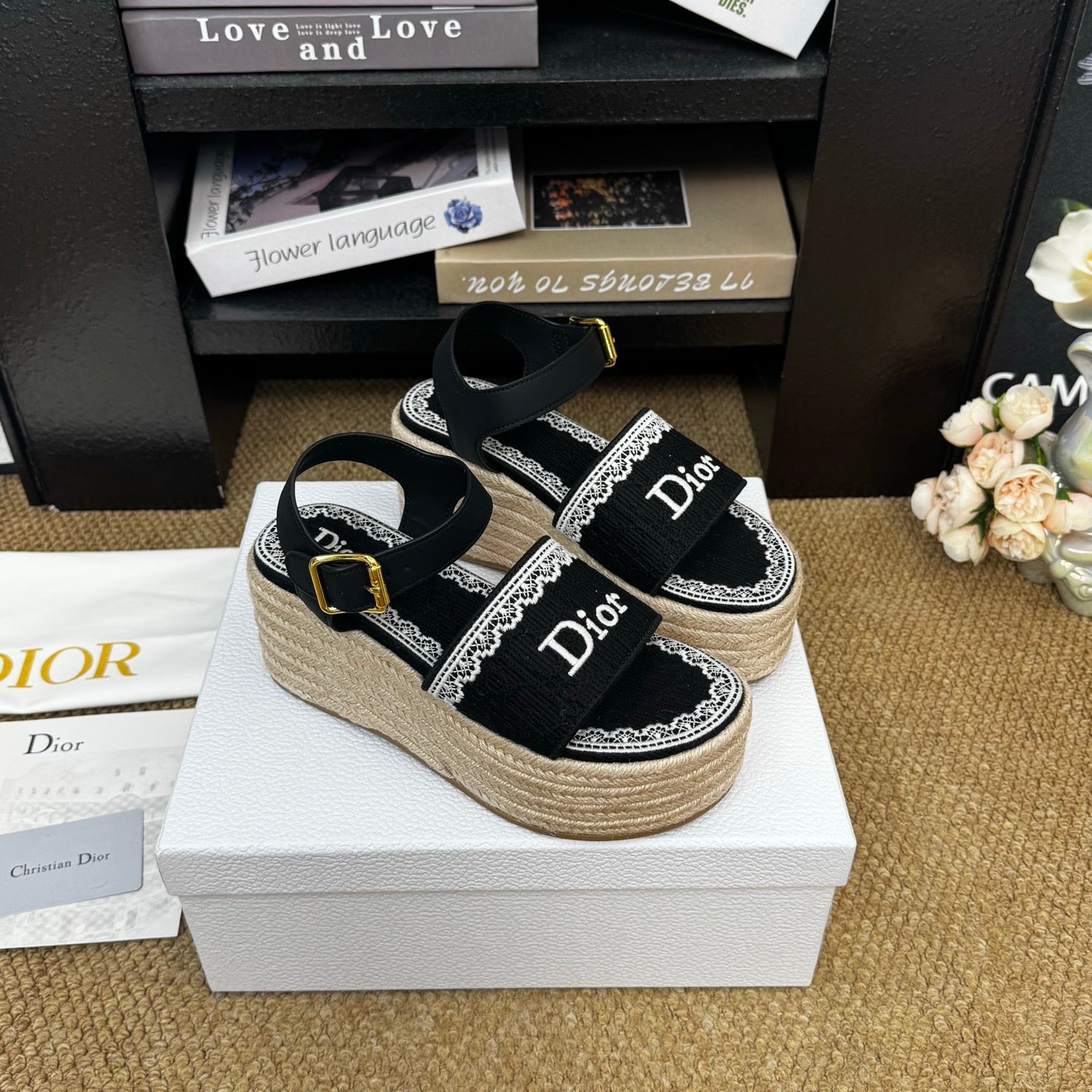 DIOR 26S ESPADRILLE WEDGE SANDAL IN BLACK DIOR OBLIQUE EMBROIDERED CANVAS