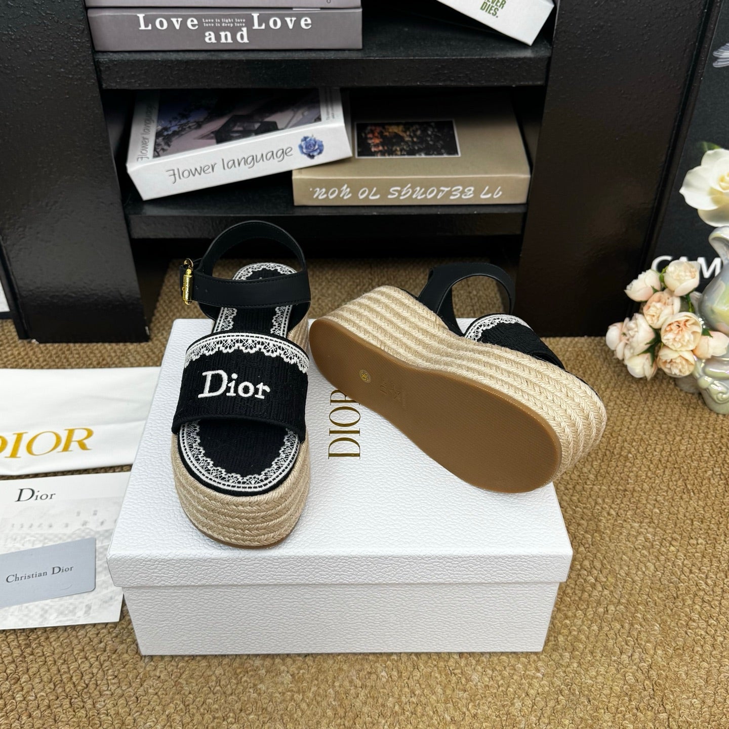 DIOR 26S ESPADRILLE WEDGE SANDAL IN BLACK DIOR OBLIQUE EMBROIDERED CANVAS