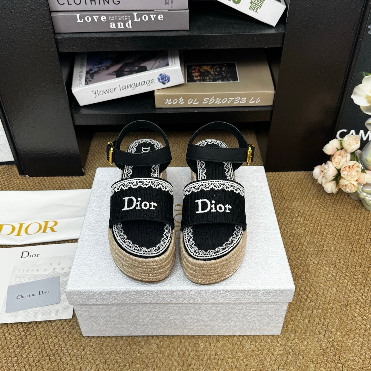 DIOR 26S ESPADRILLE WEDGE SANDAL IN BLACK DIOR OBLIQUE EMBROIDERED CANVAS