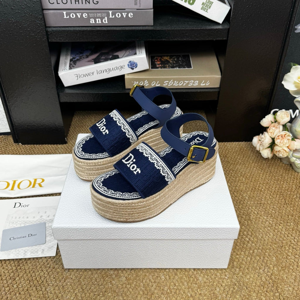 DIOR 26S ESPADRILLE WEDGE SANDAL IN NAVY BLUE DIOR OBLIQUE EMBROIDERED CANVAS