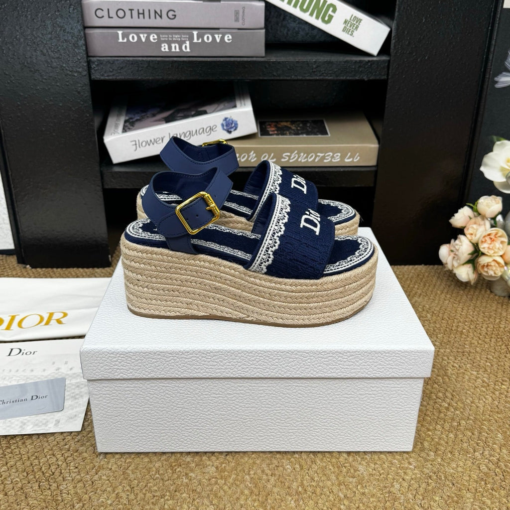 DIOR 26S ESPADRILLE WEDGE SANDAL IN NAVY BLUE DIOR OBLIQUE EMBROIDERED CANVAS