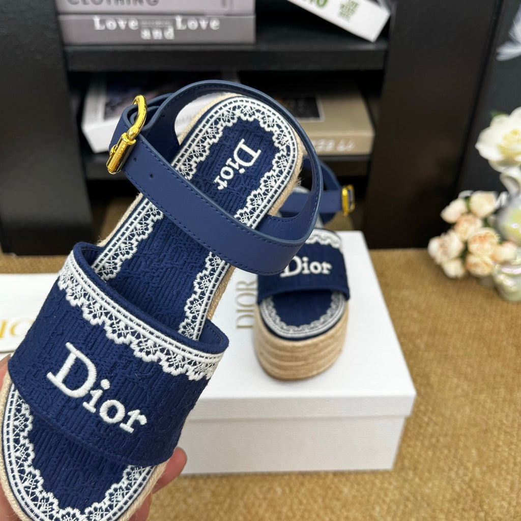 DIOR 26S ESPADRILLE WEDGE SANDAL IN NAVY BLUE DIOR OBLIQUE EMBROIDERED CANVAS