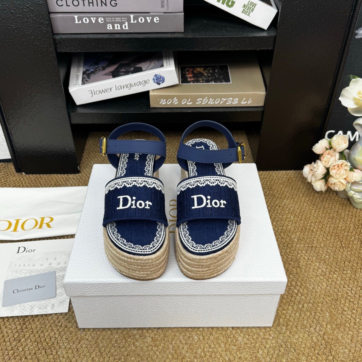 DIOR 26S ESPADRILLE WEDGE SANDAL IN NAVY BLUE DIOR OBLIQUE EMBROIDERED CANVAS