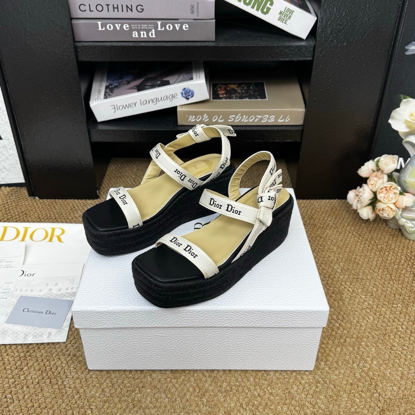 DIOR 26S ESPADRILLE WEDGE SANDAL IN BLACK CANVAS AND CALFSKIN