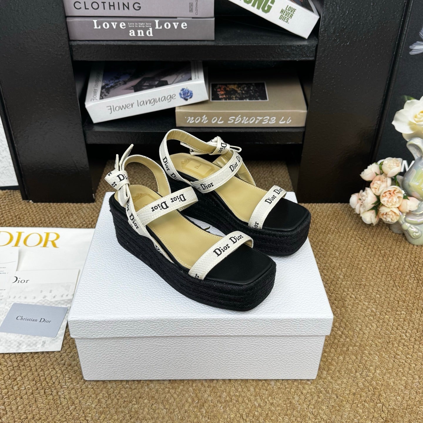 DIOR 26S ESPADRILLE WEDGE SANDAL IN BLACK CANVAS AND CALFSKIN