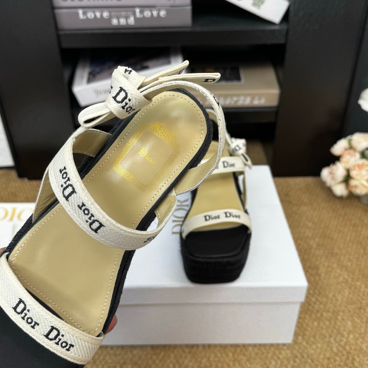 DIOR 26S ESPADRILLE WEDGE SANDAL IN BLACK CANVAS AND CALFSKIN