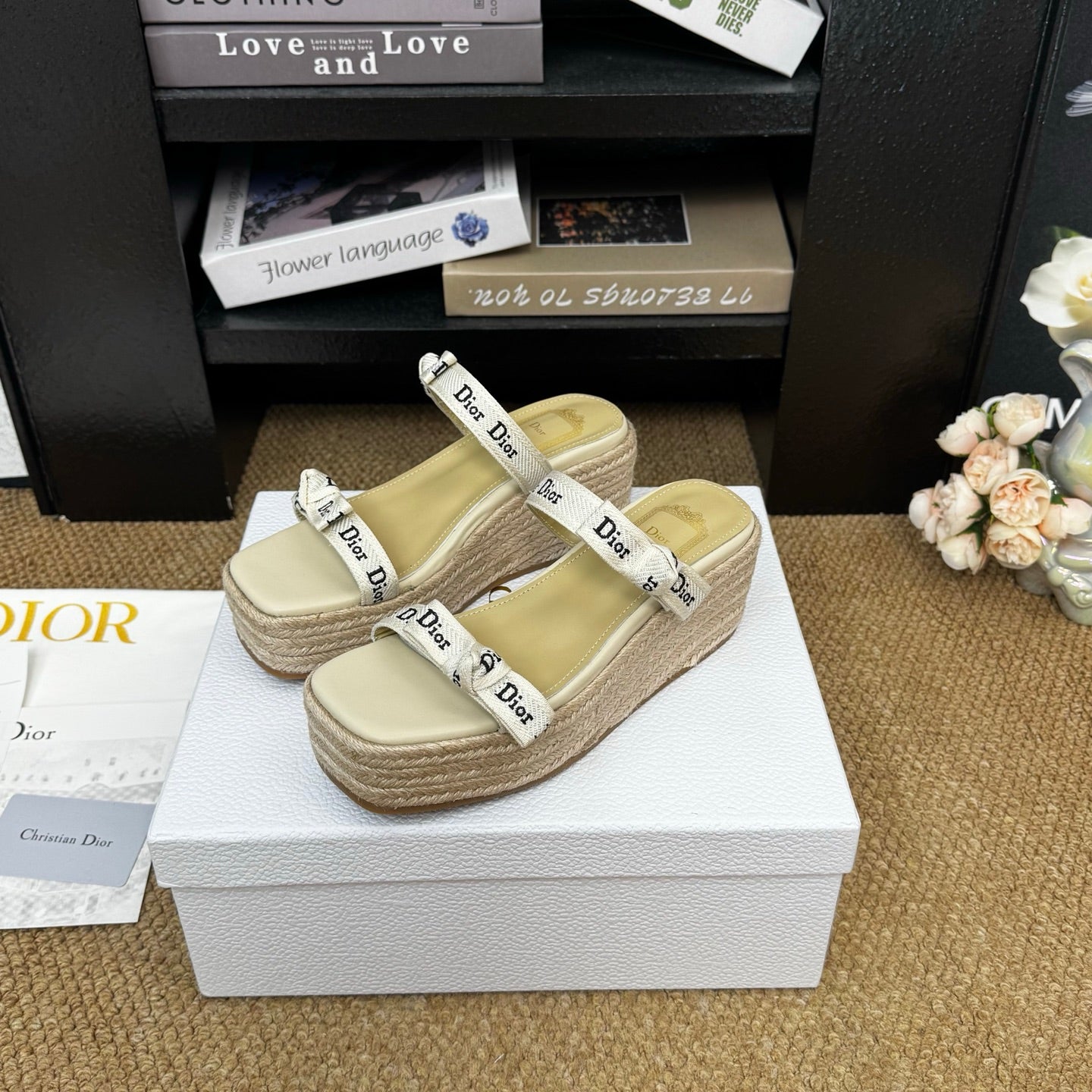 DIOR 26S WEDGE SANDAL IN BEIGE CANVAS AND CALFSKIN
