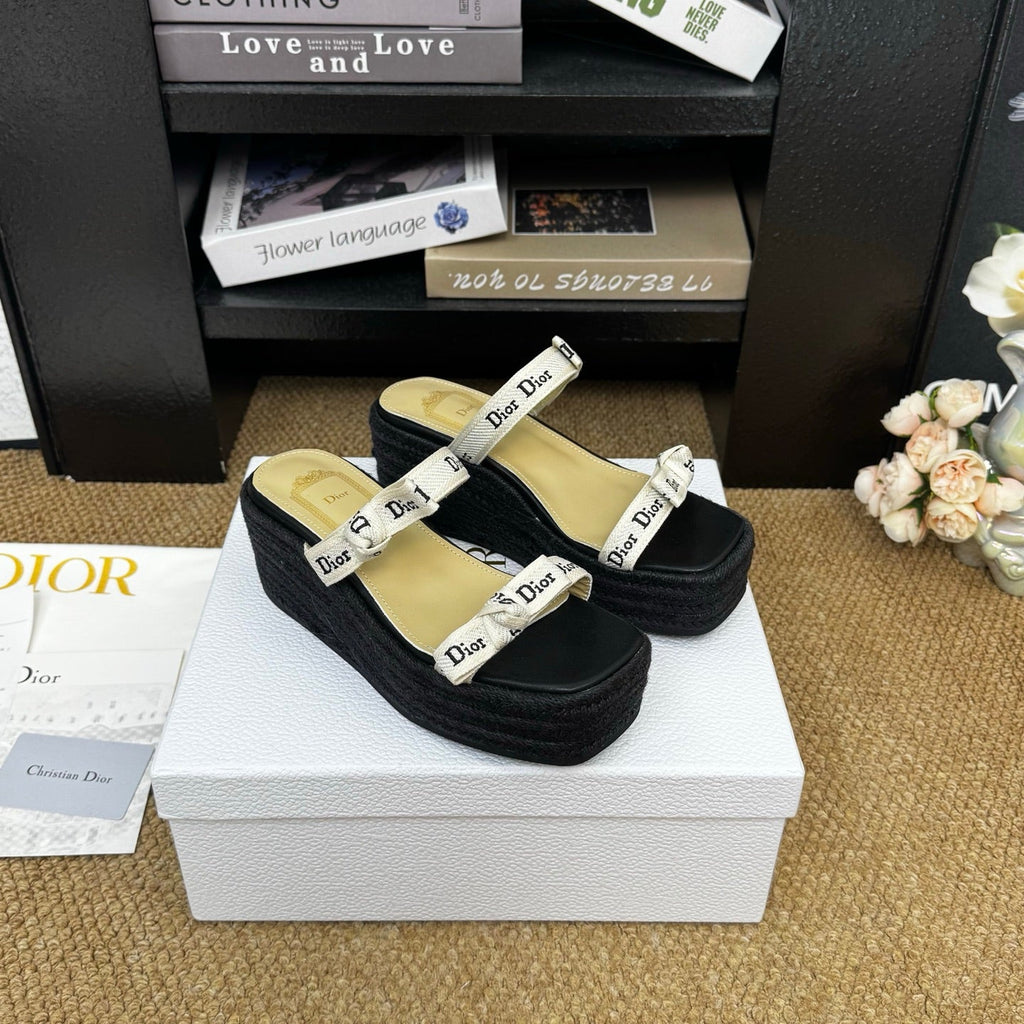 DIOR 26S WEDGE SANDAL IN BLACK CANVAS AND CALFSKIN