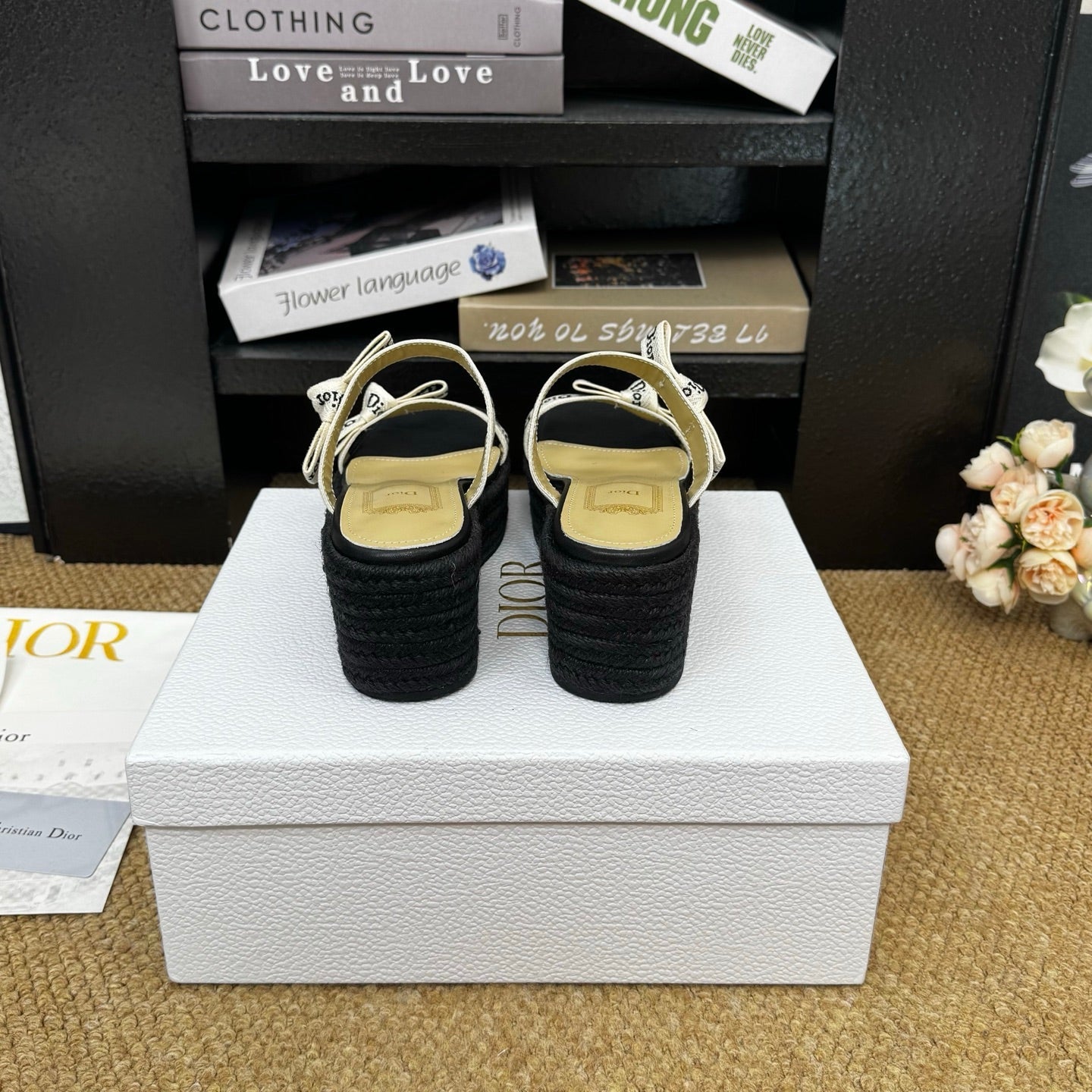 DIOR 26S WEDGE SANDAL IN BLACK CANVAS AND CALFSKIN