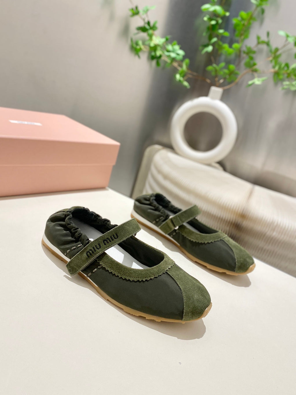 MIUMIU 26S RUCHES NAPPA BALLERINAS IN ARMY GREEN SUEDE AND FABRIC