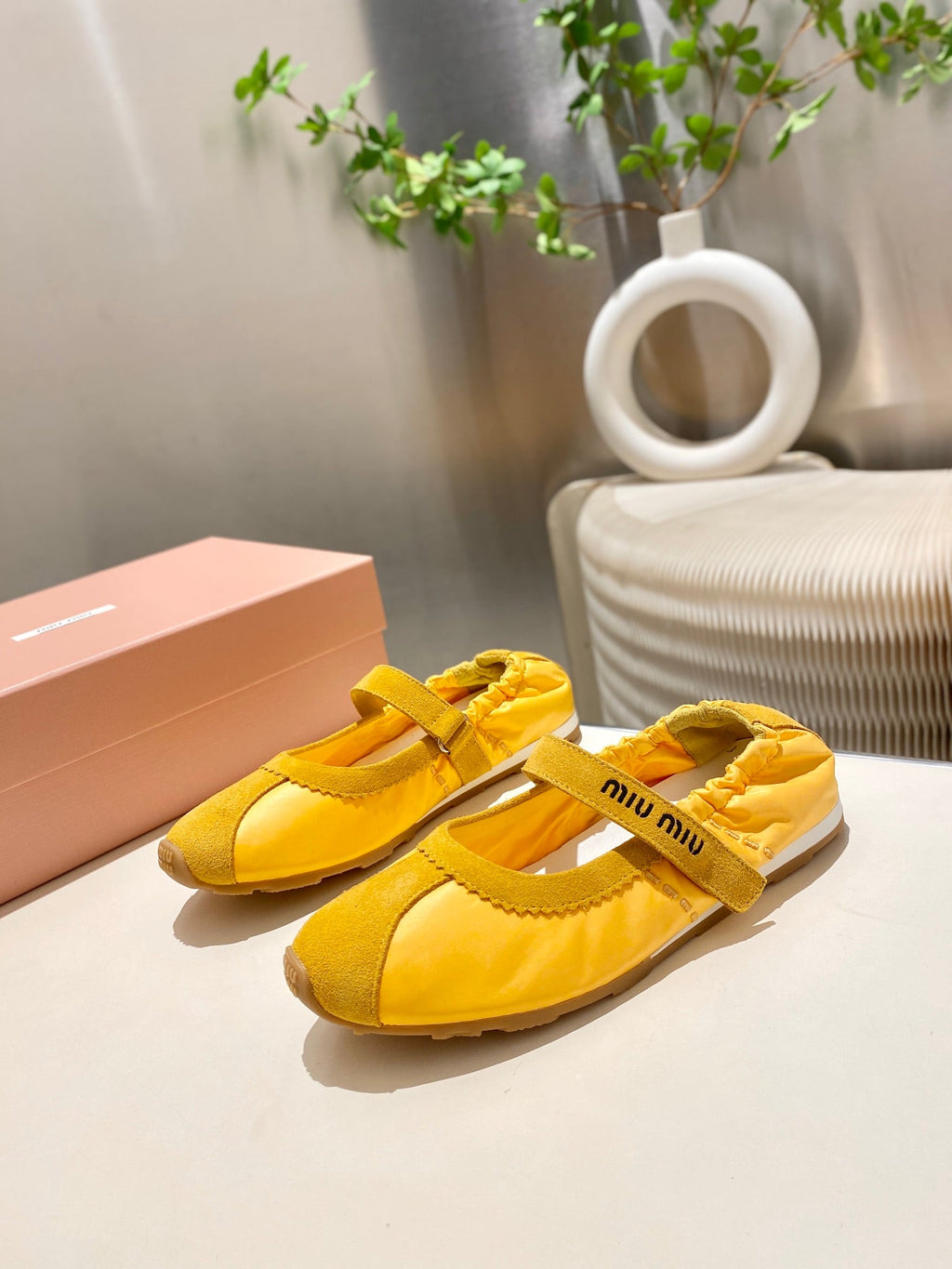 MIUMIU 26S RUCHES NAPPA BALLERINAS IN YELLOW SUEDE AND FABRIC