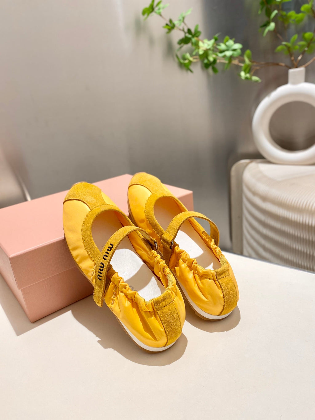 MIUMIU 26S RUCHES NAPPA BALLERINAS IN YELLOW SUEDE AND FABRIC