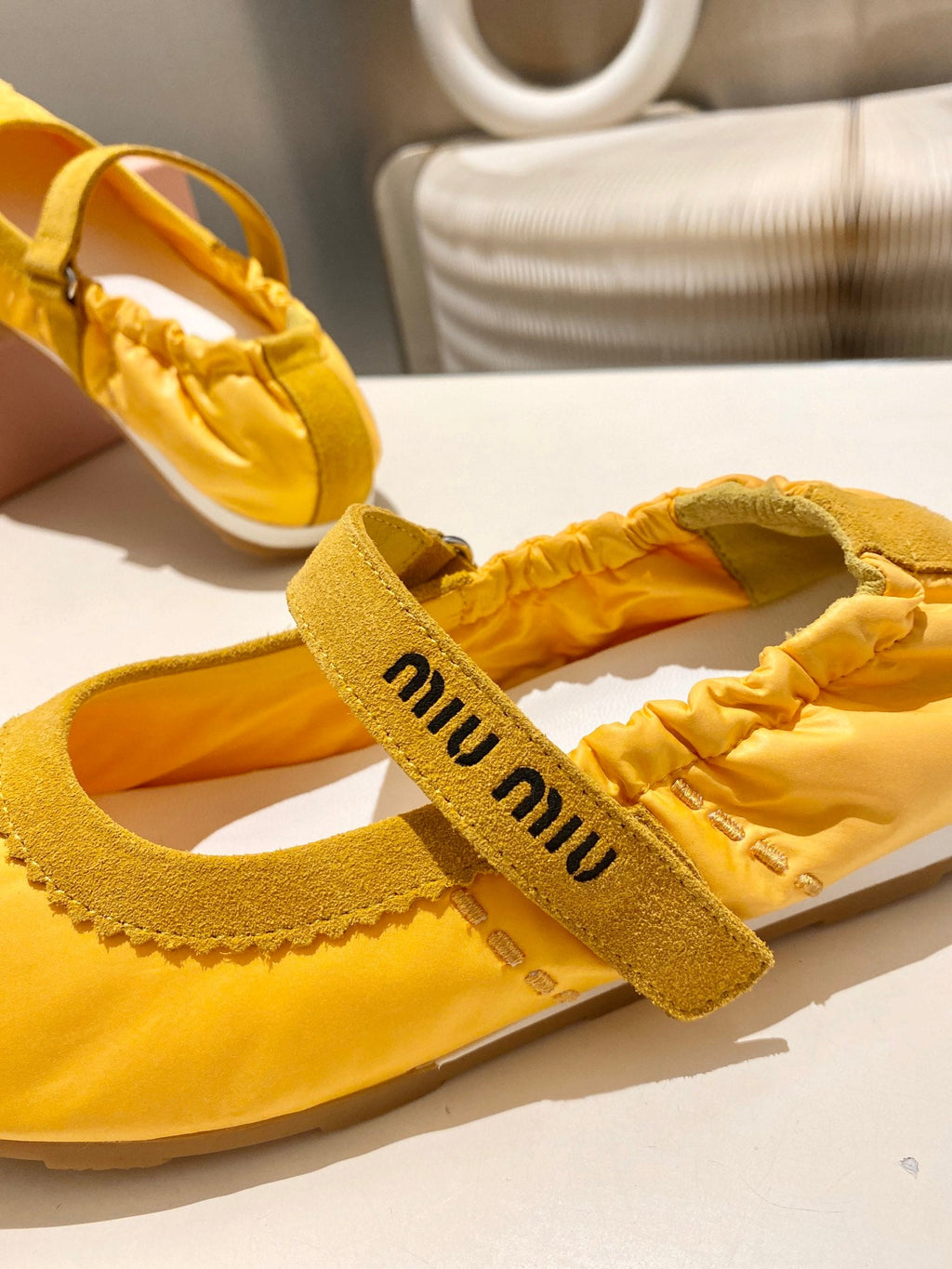 MIUMIU 26S RUCHES NAPPA BALLERINAS IN YELLOW SUEDE AND FABRIC