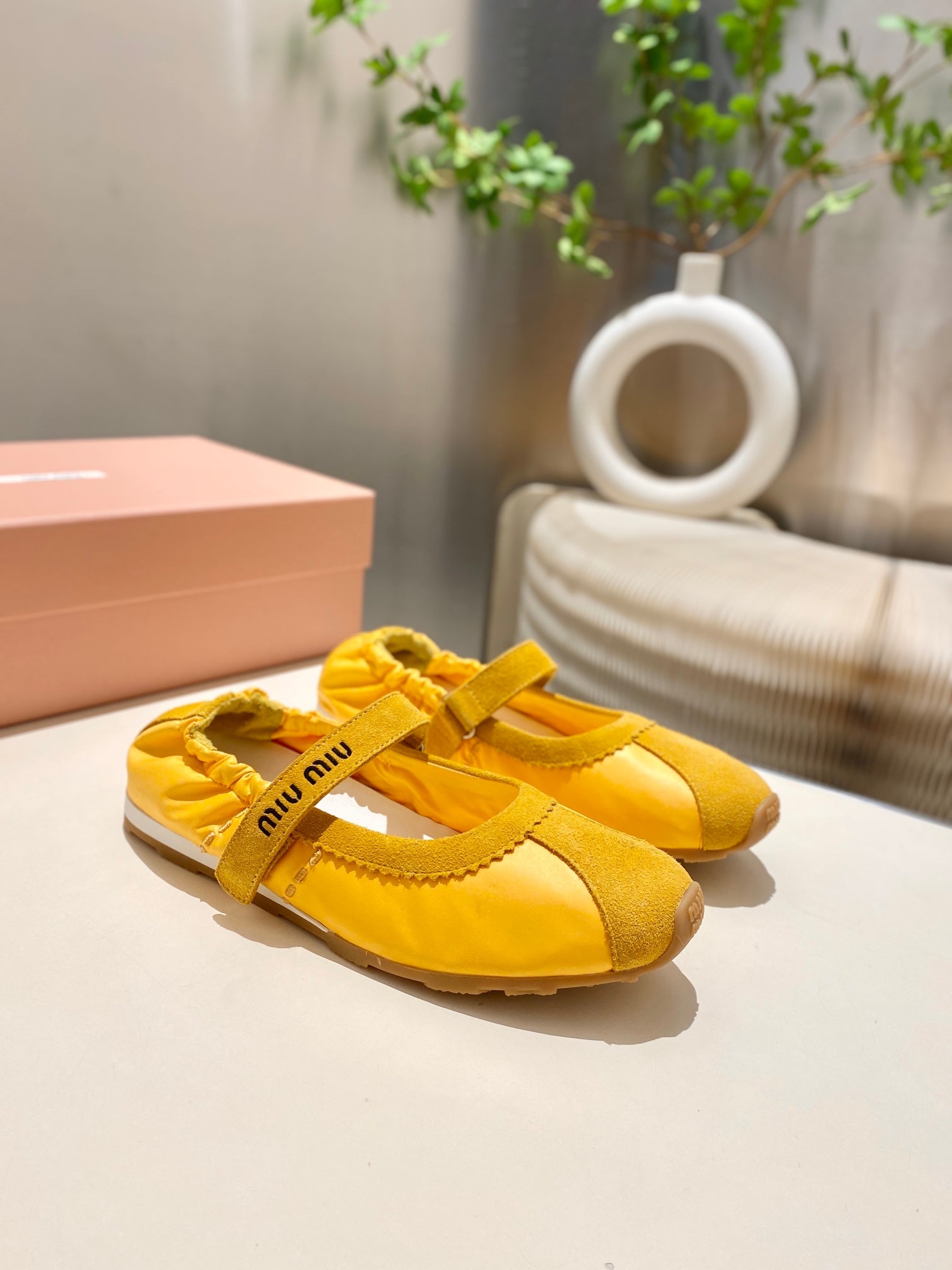 MIUMIU 26S RUCHES NAPPA BALLERINAS IN YELLOW SUEDE AND FABRIC