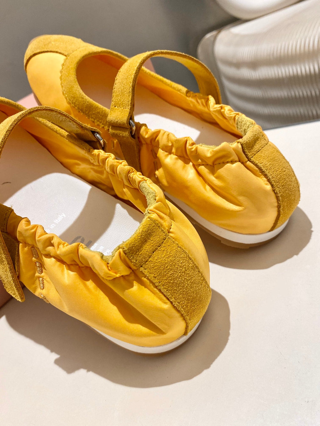 MIUMIU 26S RUCHES NAPPA BALLERINAS IN YELLOW SUEDE AND FABRIC
