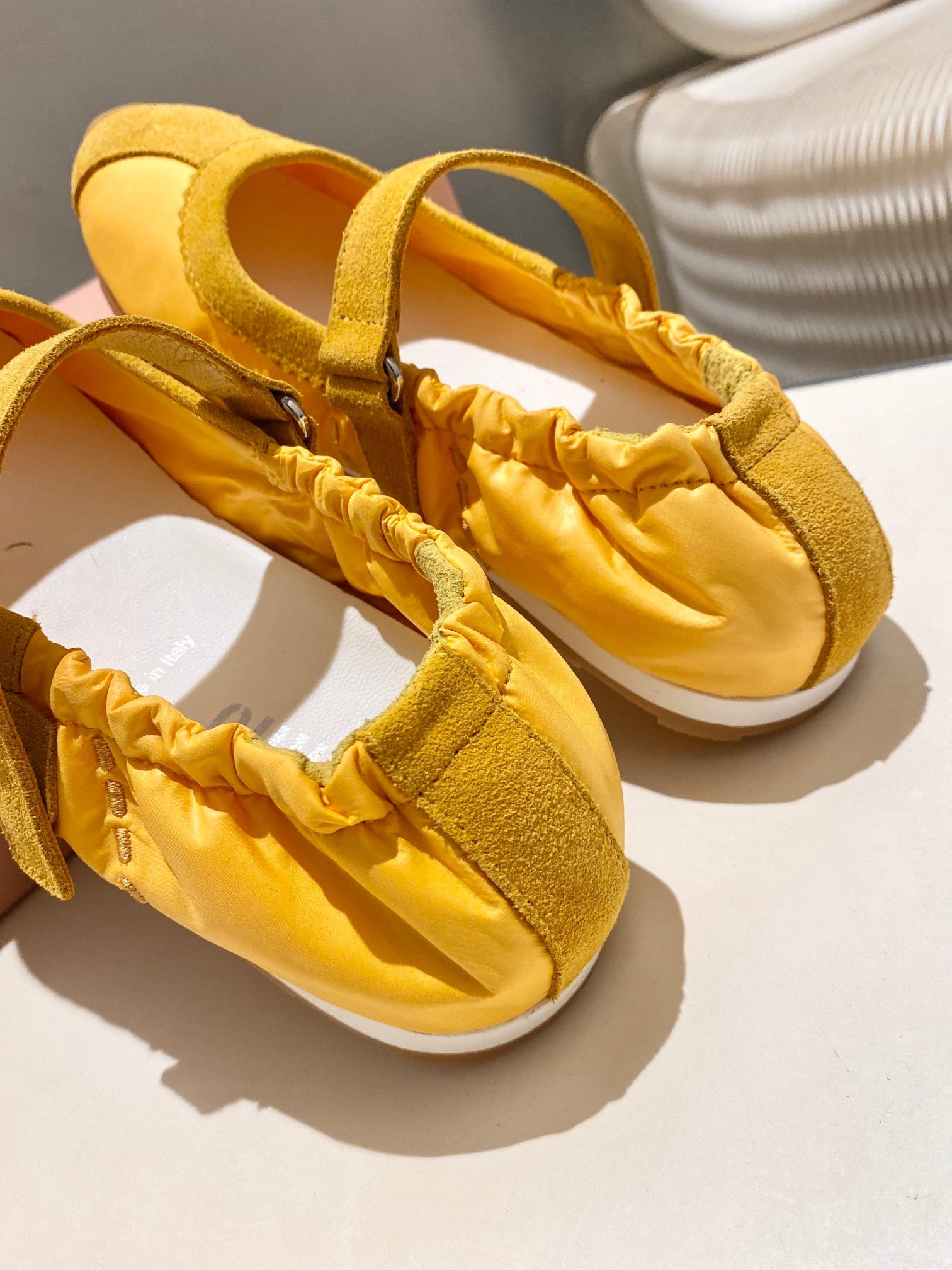 MIUMIU 26S RUCHES NAPPA BALLERINAS IN YELLOW SUEDE AND FABRIC