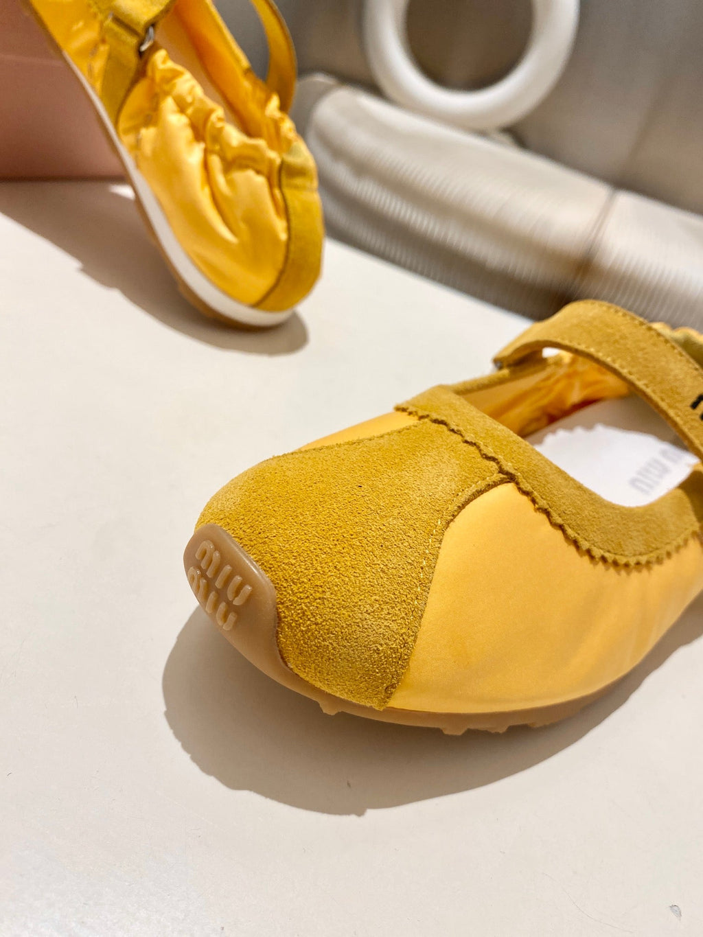 MIUMIU 26S RUCHES NAPPA BALLERINAS IN YELLOW SUEDE AND FABRIC