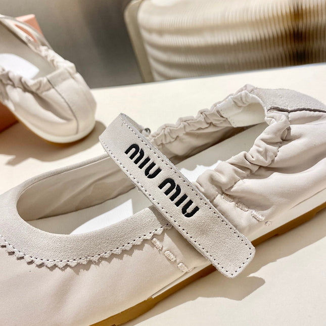 MIUMIU 26S RUCHES NAPPA BALLERINAS IN CREAM WHITE SUEDE AND FABRIC