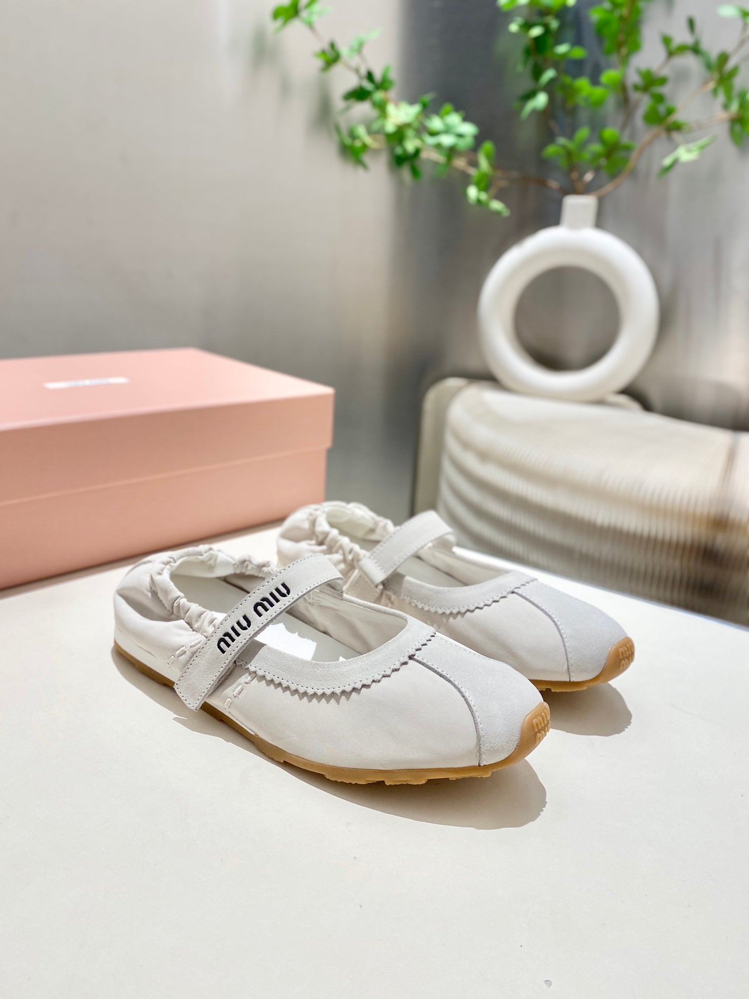 MIUMIU 26S RUCHES NAPPA BALLERINAS IN CREAM WHITE SUEDE AND FABRIC