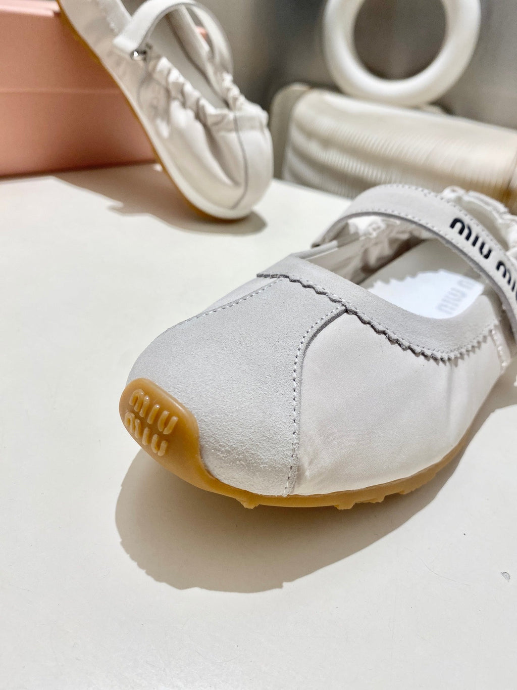 MIUMIU 26S RUCHES NAPPA BALLERINAS IN CREAM WHITE SUEDE AND FABRIC