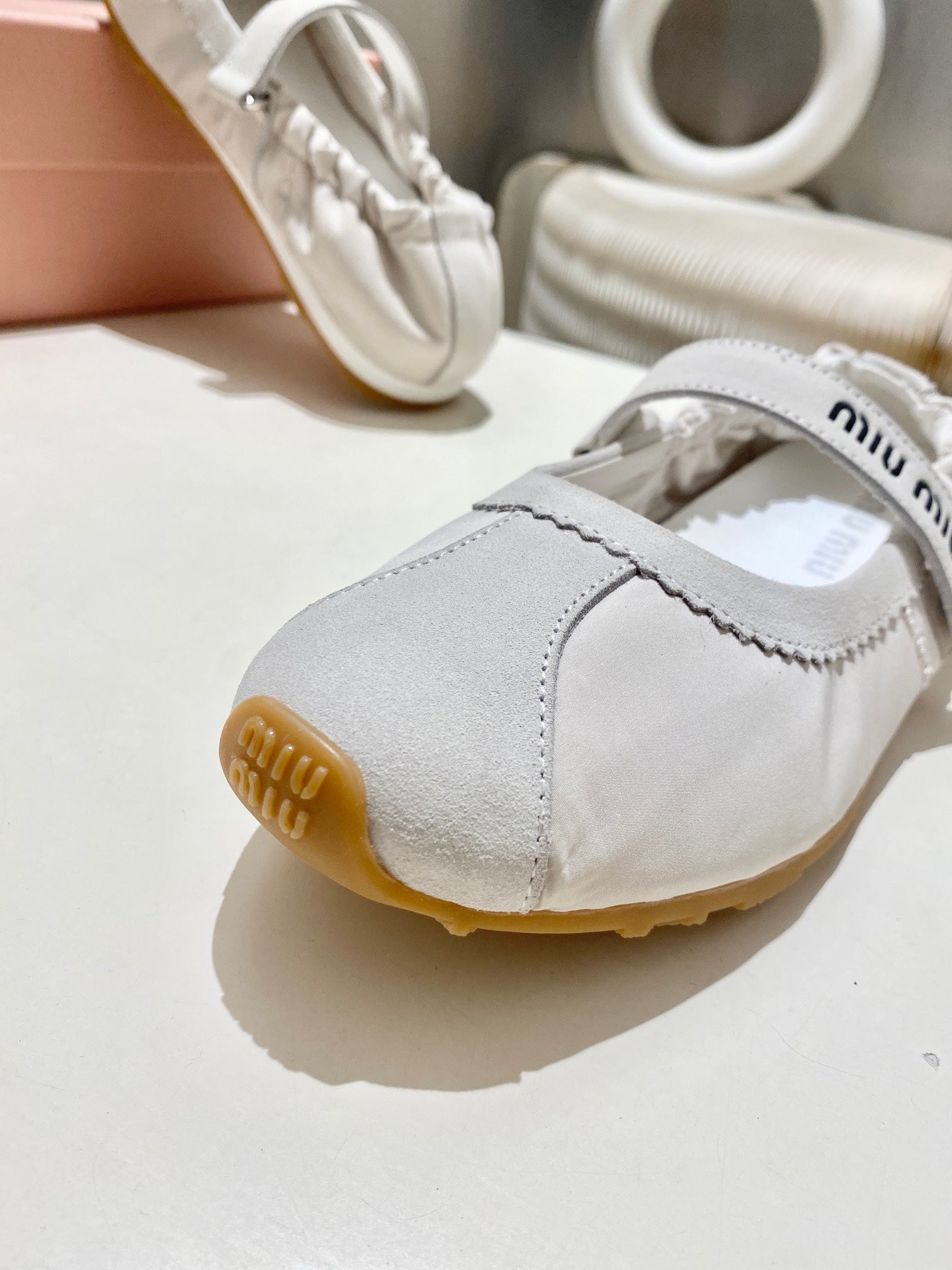 MIUMIU 26S RUCHES NAPPA BALLERINAS IN CREAM WHITE SUEDE AND FABRIC