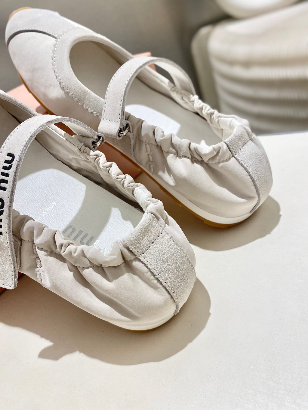 MIUMIU 26S RUCHES NAPPA BALLERINAS IN CREAM WHITE SUEDE AND FABRIC