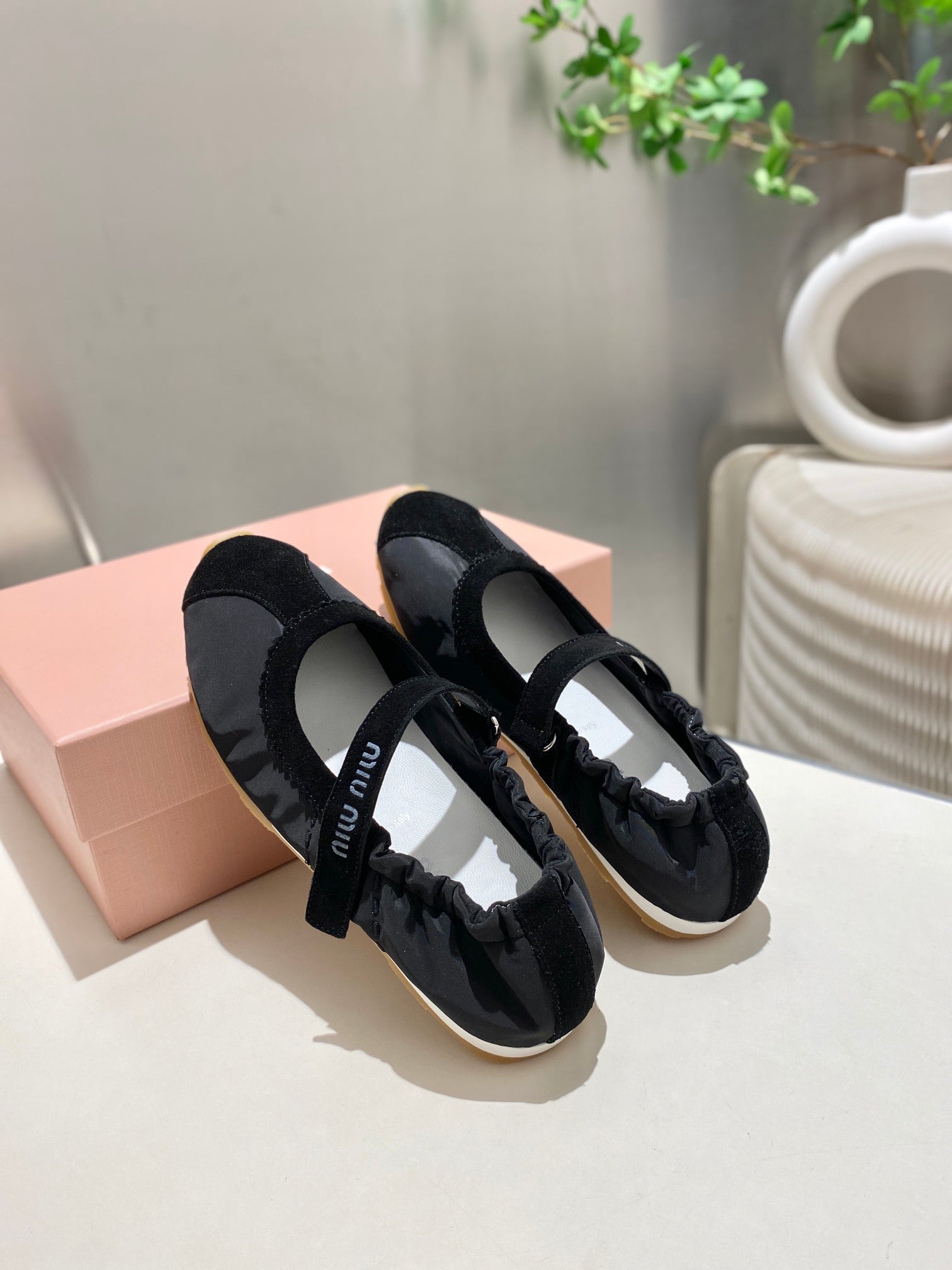 MIUMIU 26S RUCHES NAPPA BALLERINAS IN BLACK SUEDE AND FABRIC