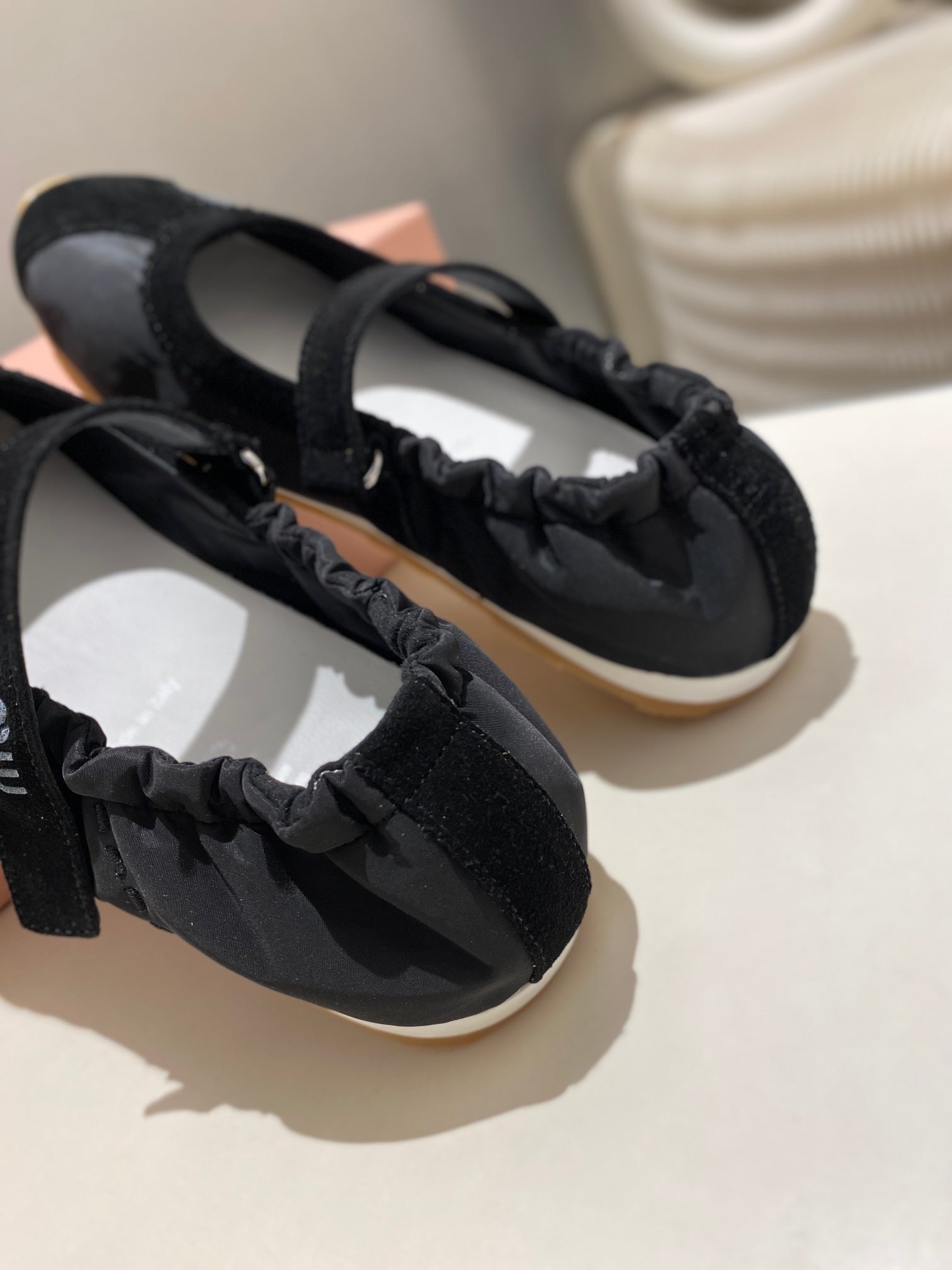 MIUMIU 26S RUCHES NAPPA BALLERINAS IN BLACK SUEDE AND FABRIC